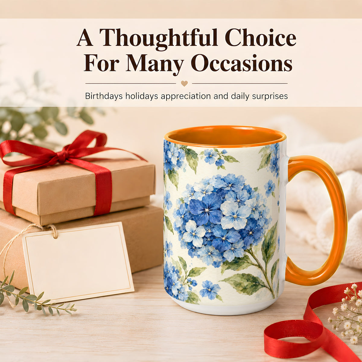 #pl[15oz|Orange] Blue Hydrangea Coffee Mug, Watercolor Floral Mug, Ceramic Cup