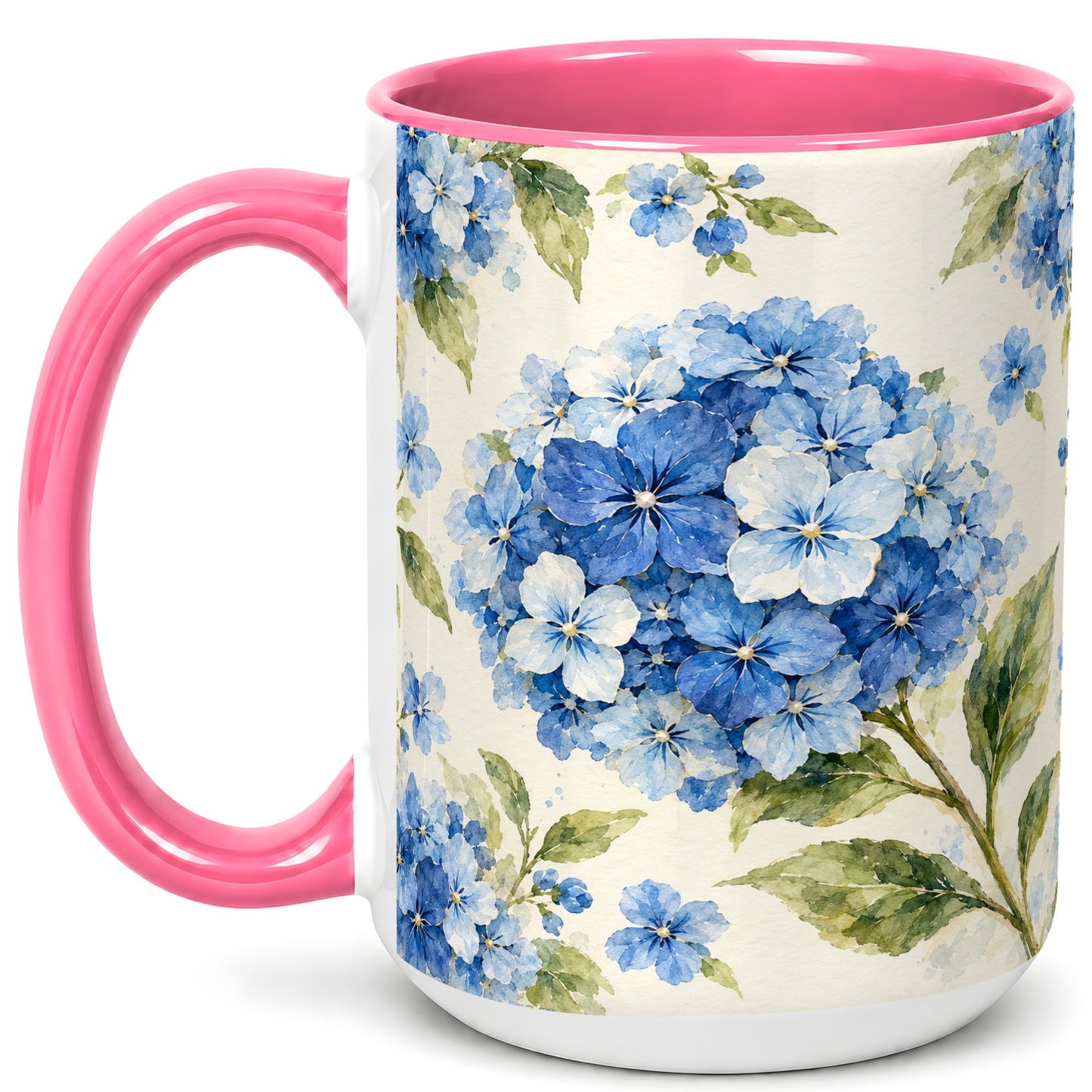 #pl[15oz|Pink] Blue Hydrangea Coffee Mug, Watercolor Floral Mug, Ceramic Cup