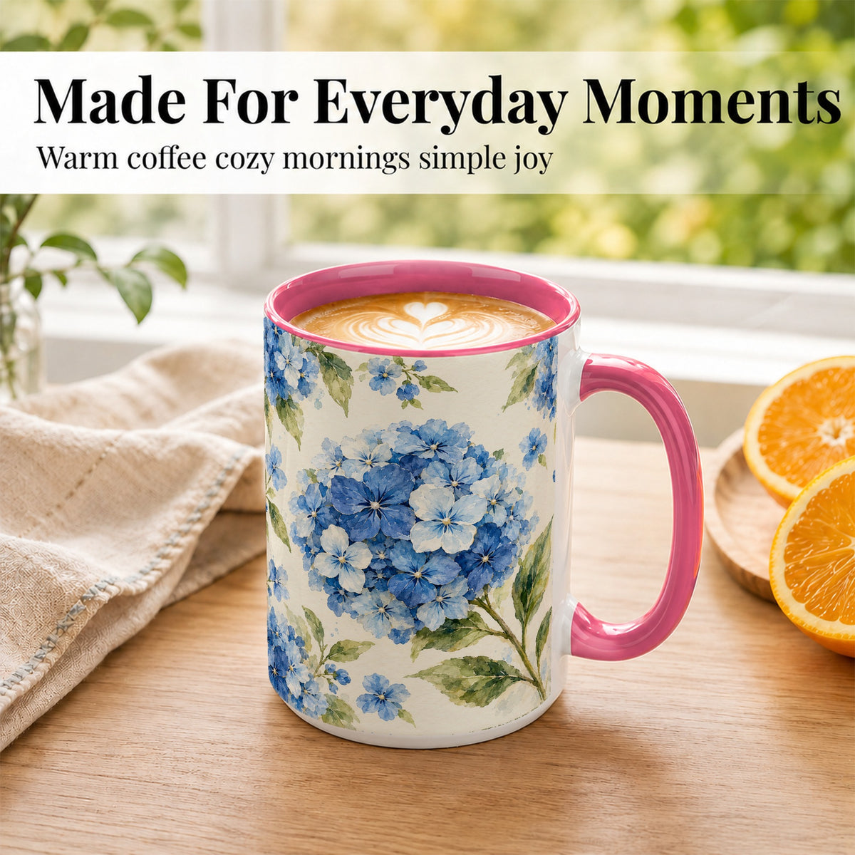 #pl[15oz|Pink] Blue Hydrangea Coffee Mug, Watercolor Floral Mug, Ceramic Cup