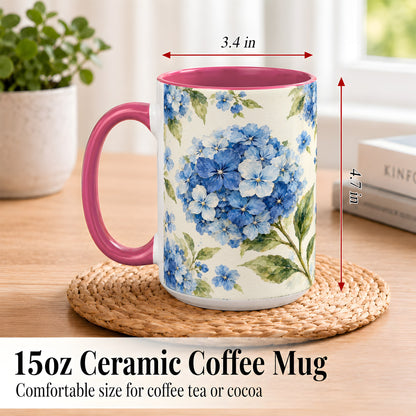 #pl[15oz|Pink] Blue Hydrangea Coffee Mug, Watercolor Floral Mug, Ceramic Cup