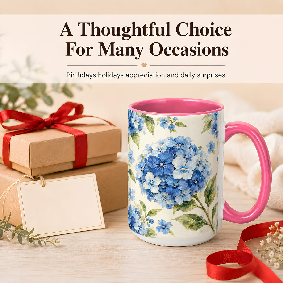 #pl[15oz|Pink] Blue Hydrangea Coffee Mug, Watercolor Floral Mug, Ceramic Cup