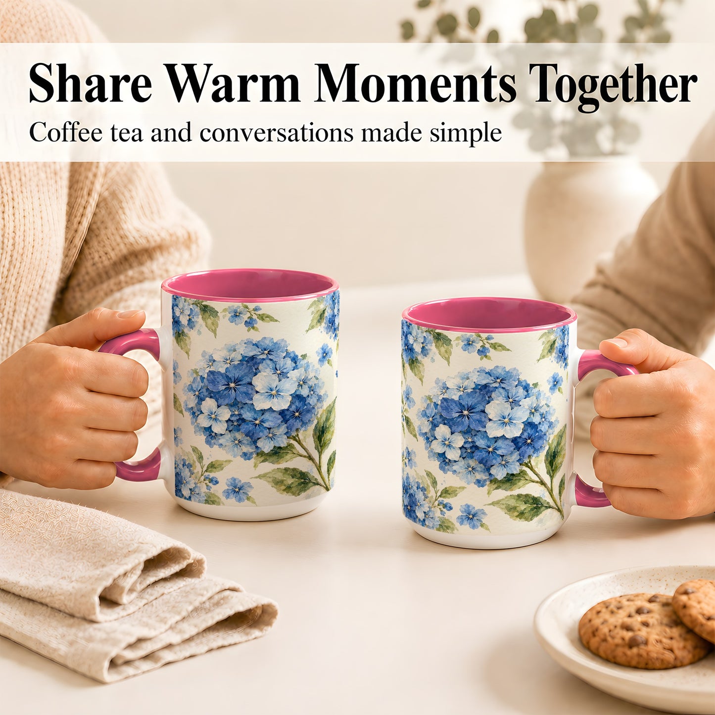 #pl[15oz|Pink] Blue Hydrangea Coffee Mug, Watercolor Floral Mug, Ceramic Cup