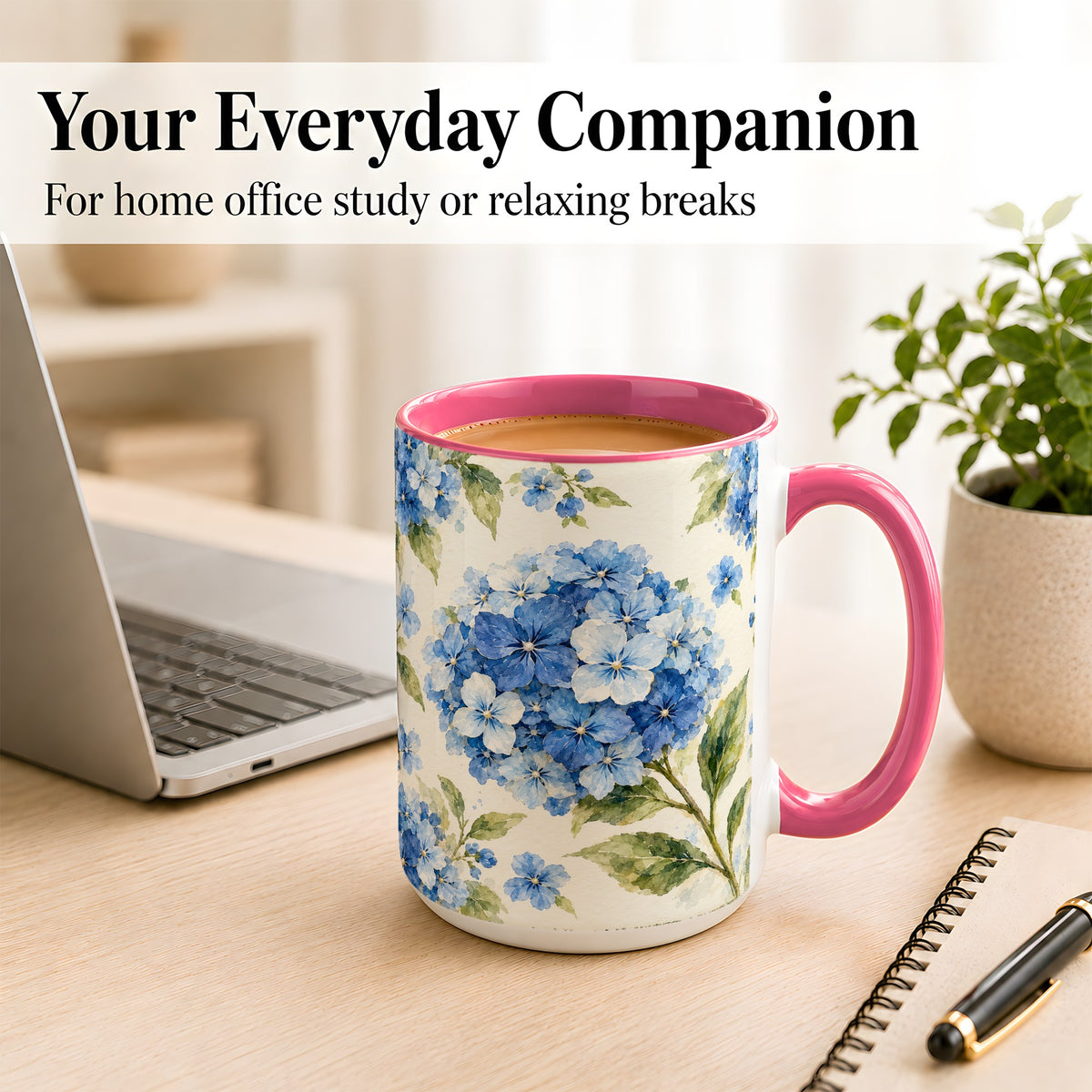 #pl[15oz|Pink] Blue Hydrangea Coffee Mug, Watercolor Floral Mug, Ceramic Cup