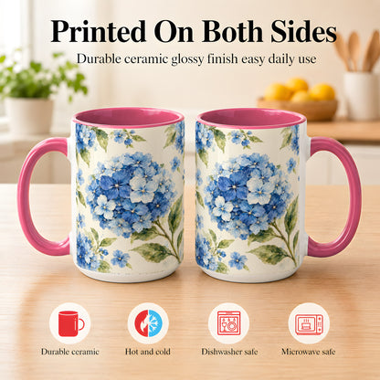 #pl[15oz|Pink] Blue Hydrangea Coffee Mug, Watercolor Floral Mug, Ceramic Cup