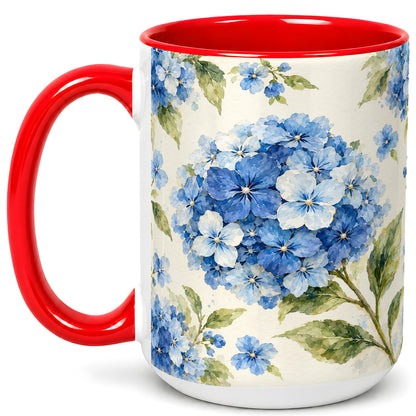 #pl[15oz|Red] Blue Hydrangea Coffee Mug, Watercolor Floral Mug, Ceramic Cup