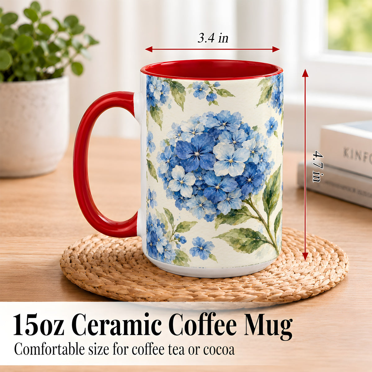 #pl[15oz|Red] Blue Hydrangea Coffee Mug, Watercolor Floral Mug, Ceramic Cup