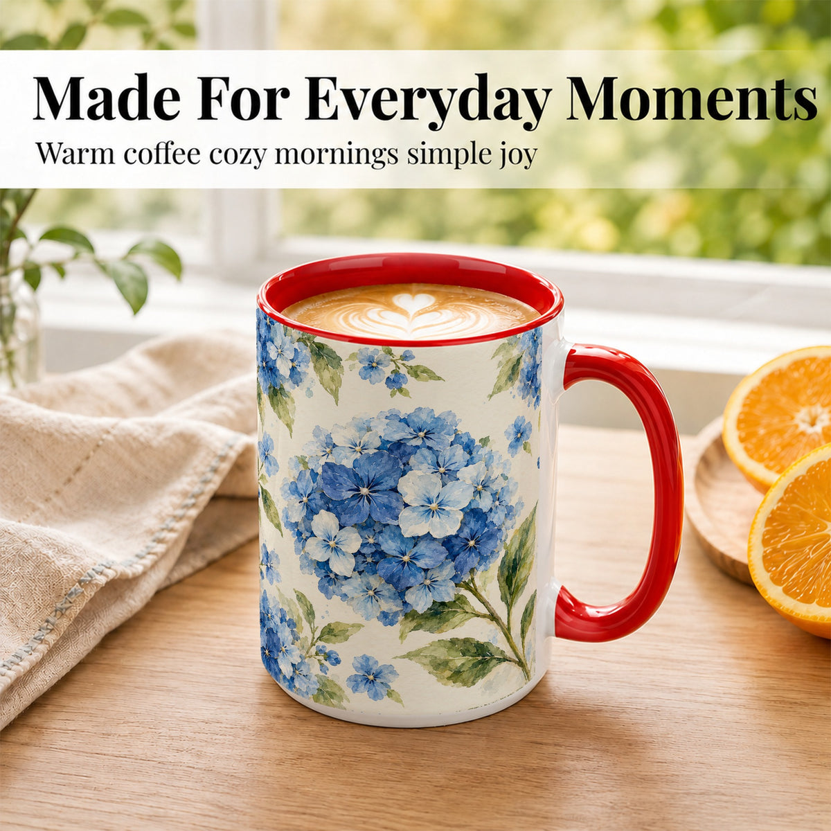 #pl[15oz|Red] Blue Hydrangea Coffee Mug, Watercolor Floral Mug, Ceramic Cup