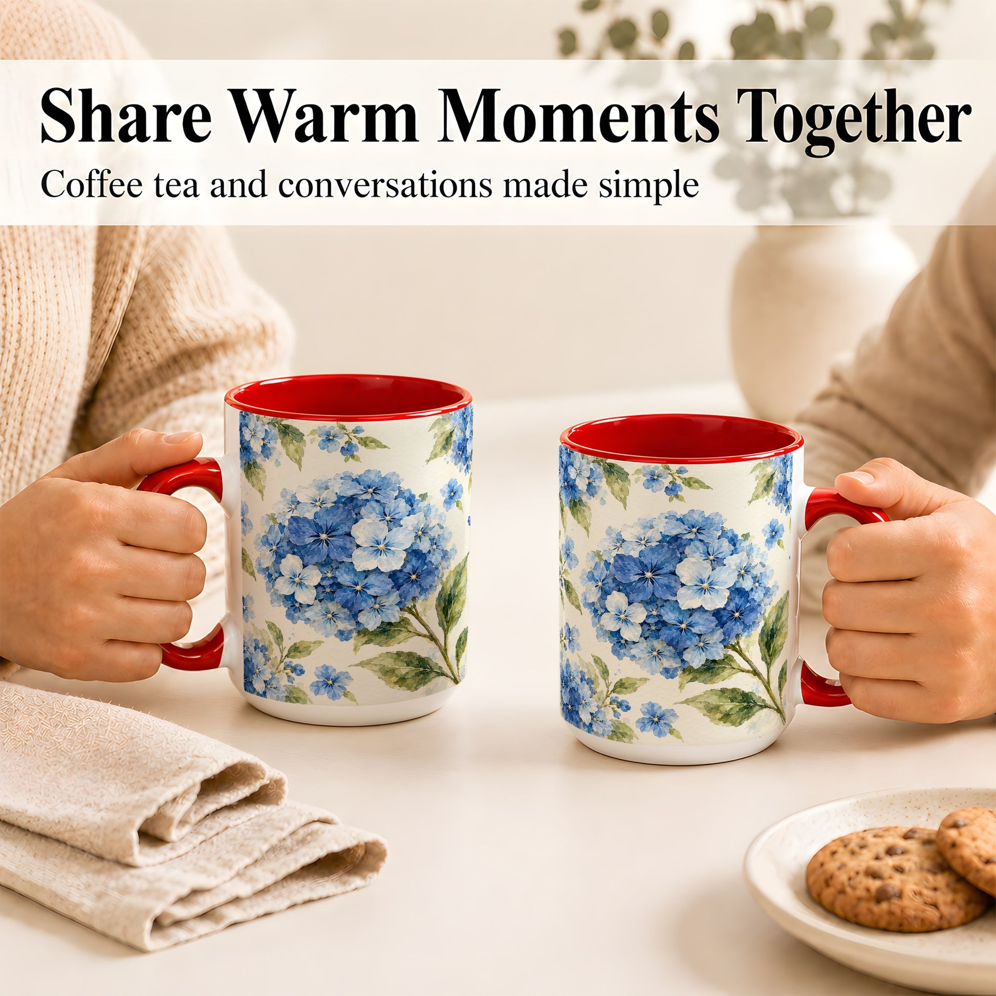 #pl[15oz|Red] Blue Hydrangea Coffee Mug, Watercolor Floral Mug, Ceramic Cup