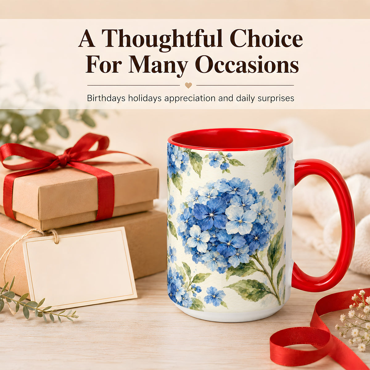 #pl[15oz|Red] Blue Hydrangea Coffee Mug, Watercolor Floral Mug, Ceramic Cup