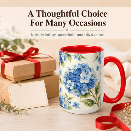 #pl[15oz|Red] Blue Hydrangea Coffee Mug, Watercolor Floral Mug, Ceramic Cup