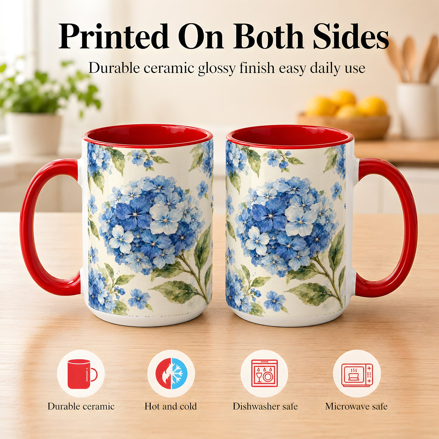 #pl[15oz|Red] Blue Hydrangea Coffee Mug, Watercolor Floral Mug, Ceramic Cup