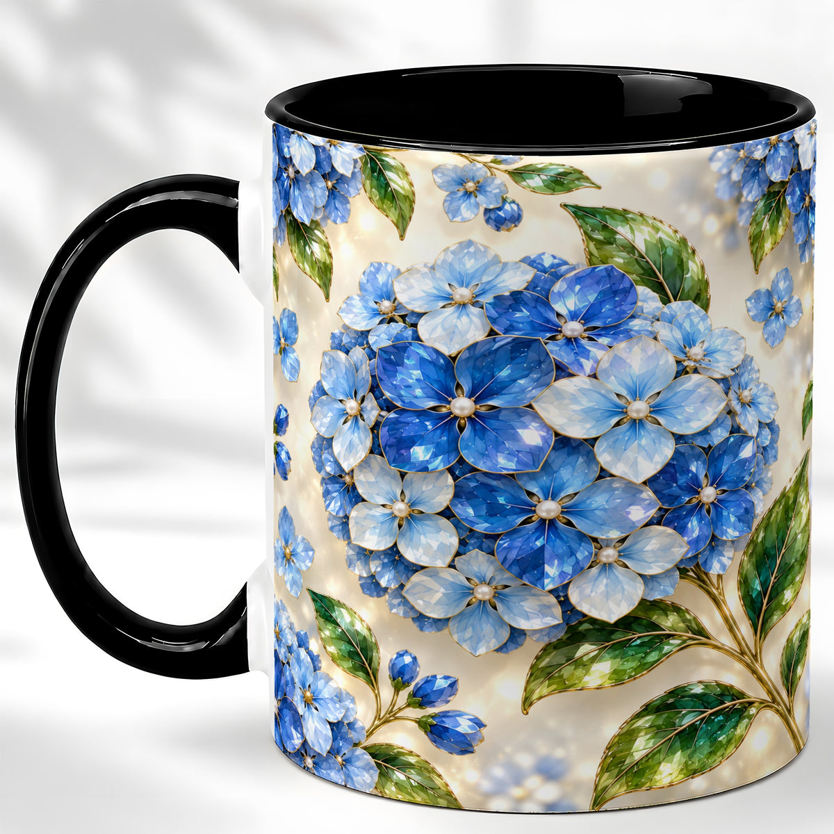 #pl[11oz|Black] Jeweled Blue Hydrangea Coffee Mug, Floral Art Mug, Ceramic Cup