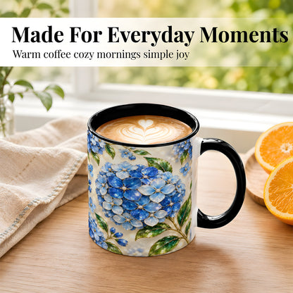 #pl[11oz|Black] Jeweled Blue Hydrangea Coffee Mug, Floral Art Mug, Ceramic Cup