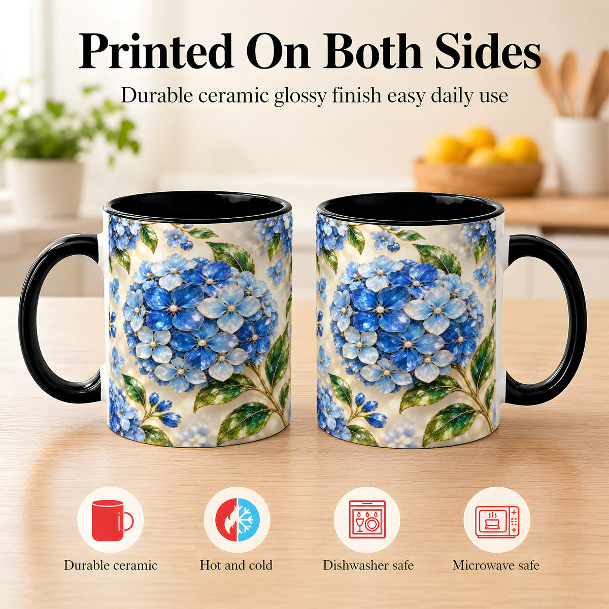 #pl[11oz|Black] Jeweled Blue Hydrangea Coffee Mug, Floral Art Mug, Ceramic Cup