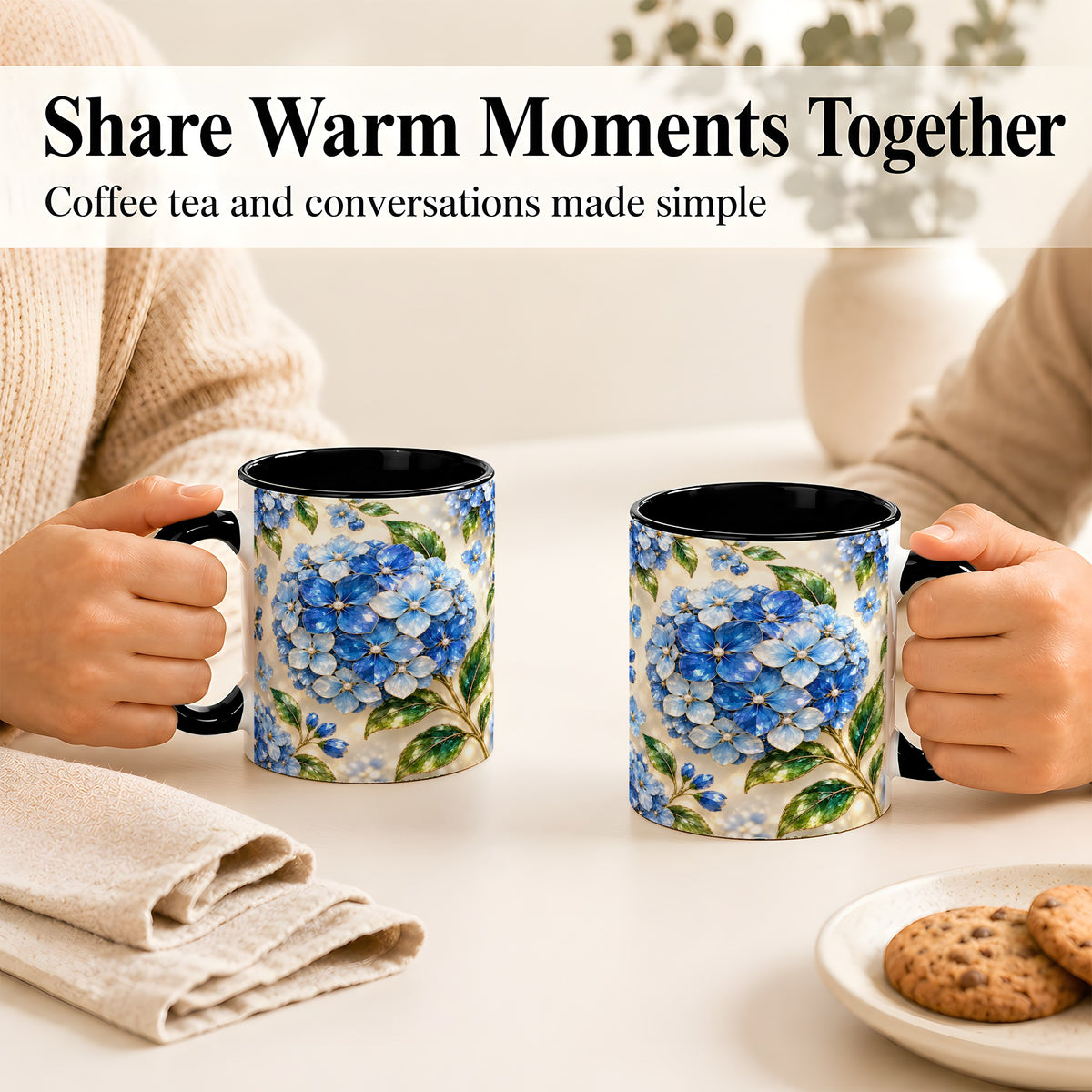 #pl[11oz|Black] Jeweled Blue Hydrangea Coffee Mug, Floral Art Mug, Ceramic Cup