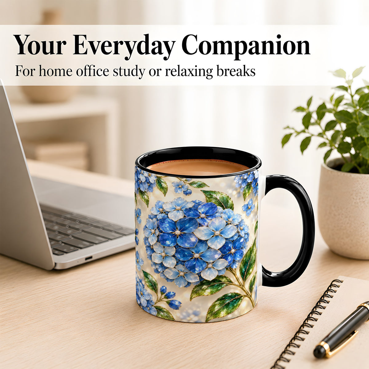 #pl[11oz|Black] Jeweled Blue Hydrangea Coffee Mug, Floral Art Mug, Ceramic Cup
