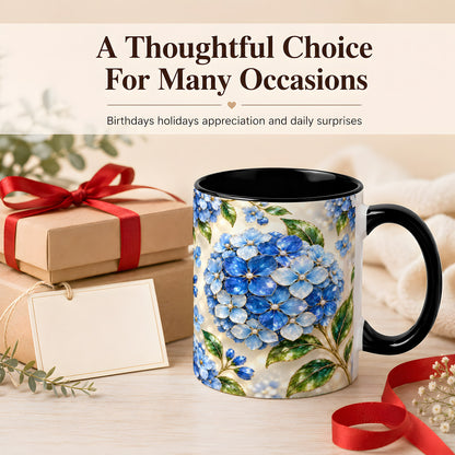 #pl[11oz|Black] Jeweled Blue Hydrangea Coffee Mug, Floral Art Mug, Ceramic Cup