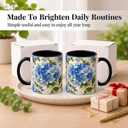 #pl[11oz|Black] Jeweled Blue Hydrangea Coffee Mug, Floral Art Mug, Ceramic Cup
