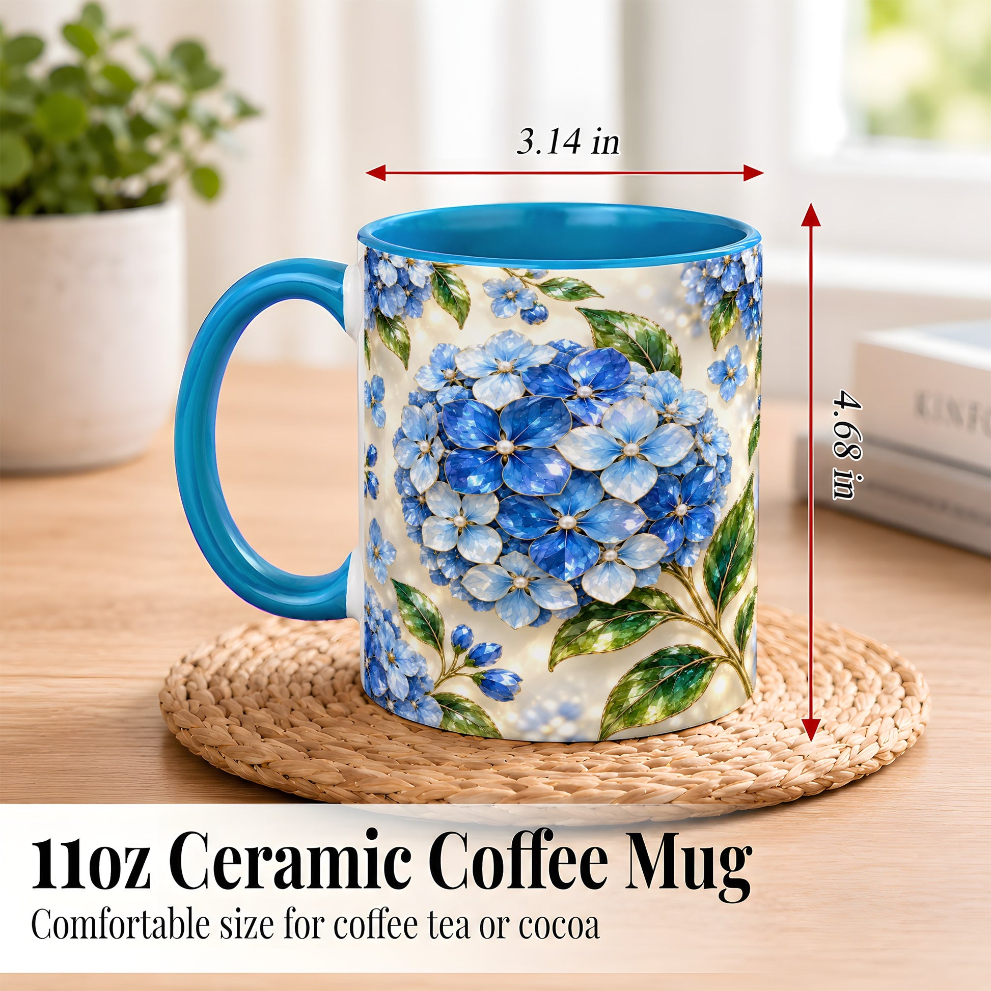 #pl[11oz|Blue] Jeweled Blue Hydrangea Coffee Mug, Floral Art Mug, Ceramic Cup