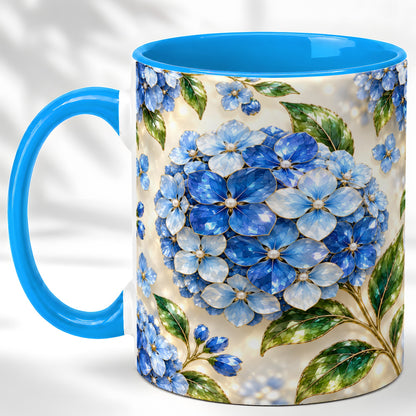 #pl[11oz|Blue] Jeweled Blue Hydrangea Coffee Mug, Floral Art Mug, Ceramic Cup