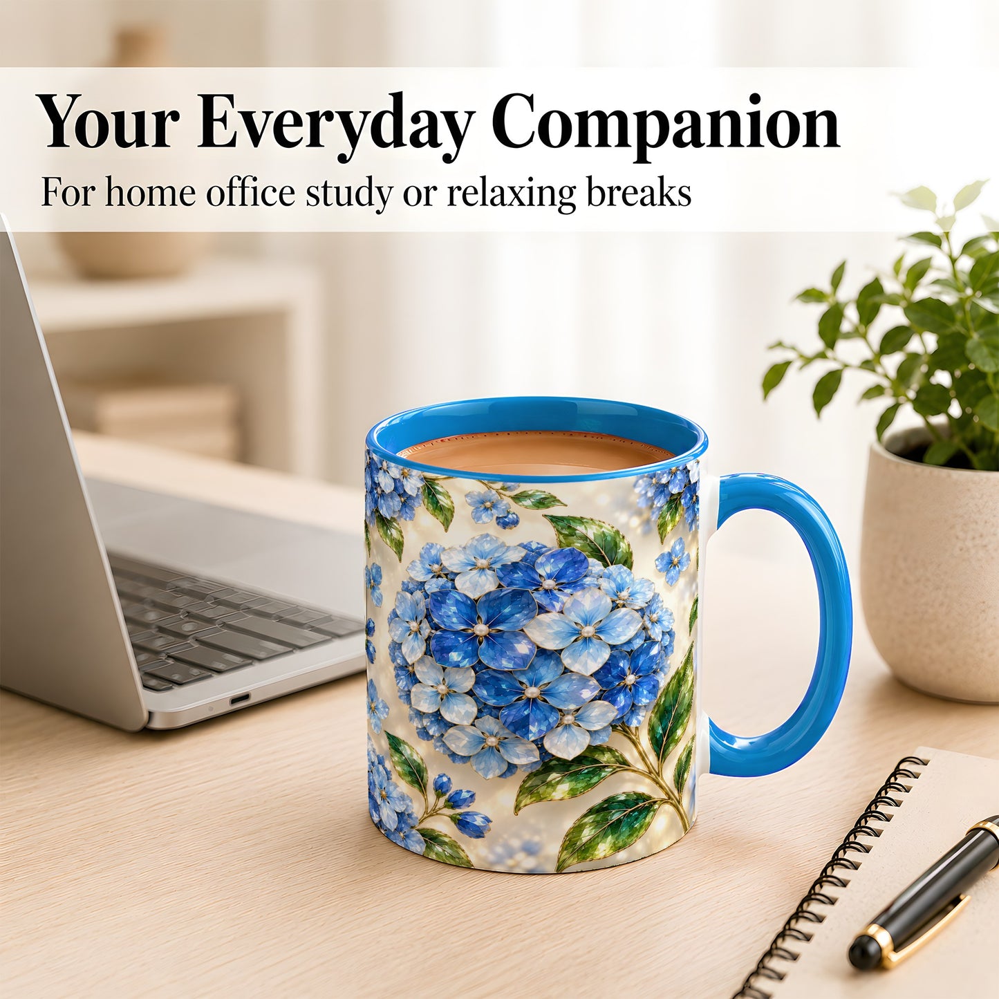 #pl[11oz|Blue] Jeweled Blue Hydrangea Coffee Mug, Floral Art Mug, Ceramic Cup
