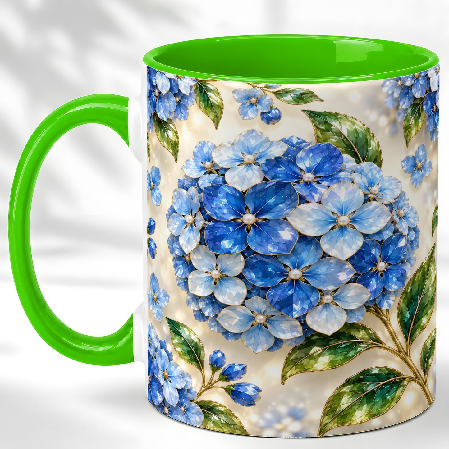 #pl[11oz|Green] Jeweled Blue Hydrangea Coffee Mug, Floral Art Mug, Ceramic Cup