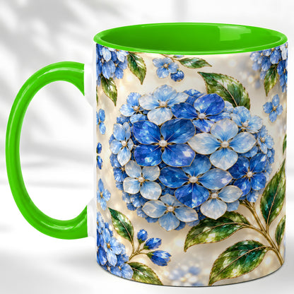 #pl[11oz|Green] Jeweled Blue Hydrangea Coffee Mug, Floral Art Mug, Ceramic Cup
