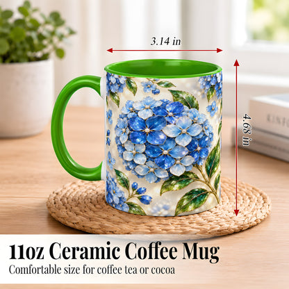 #pl[11oz|Green] Jeweled Blue Hydrangea Coffee Mug, Floral Art Mug, Ceramic Cup