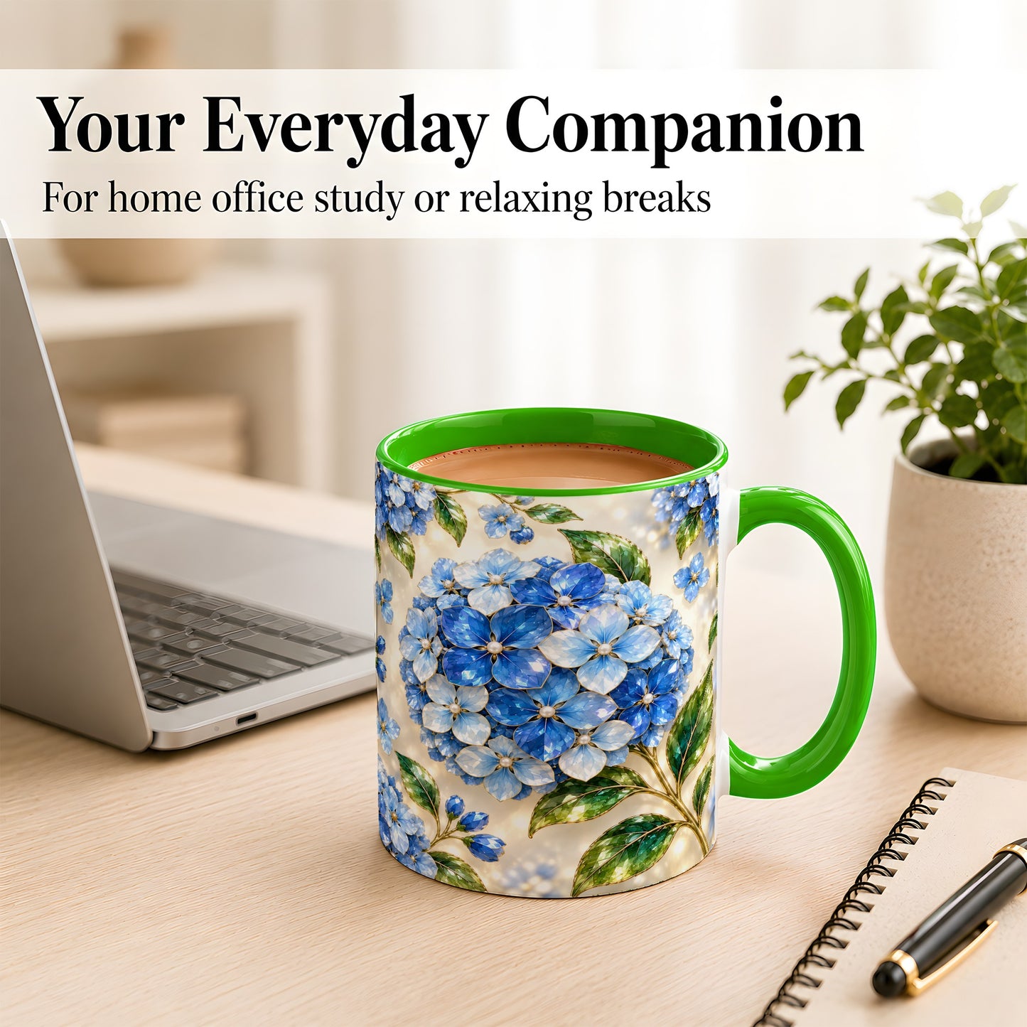 #pl[11oz|Green] Jeweled Blue Hydrangea Coffee Mug, Floral Art Mug, Ceramic Cup