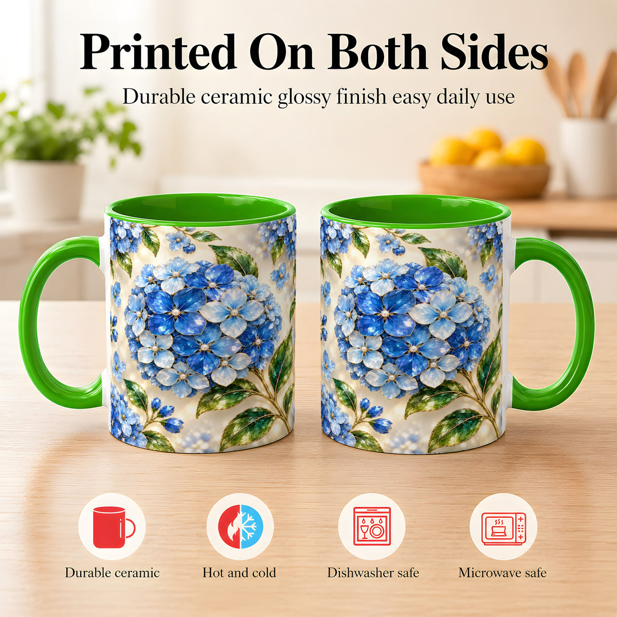 #pl[11oz|Green] Jeweled Blue Hydrangea Coffee Mug, Floral Art Mug, Ceramic Cup