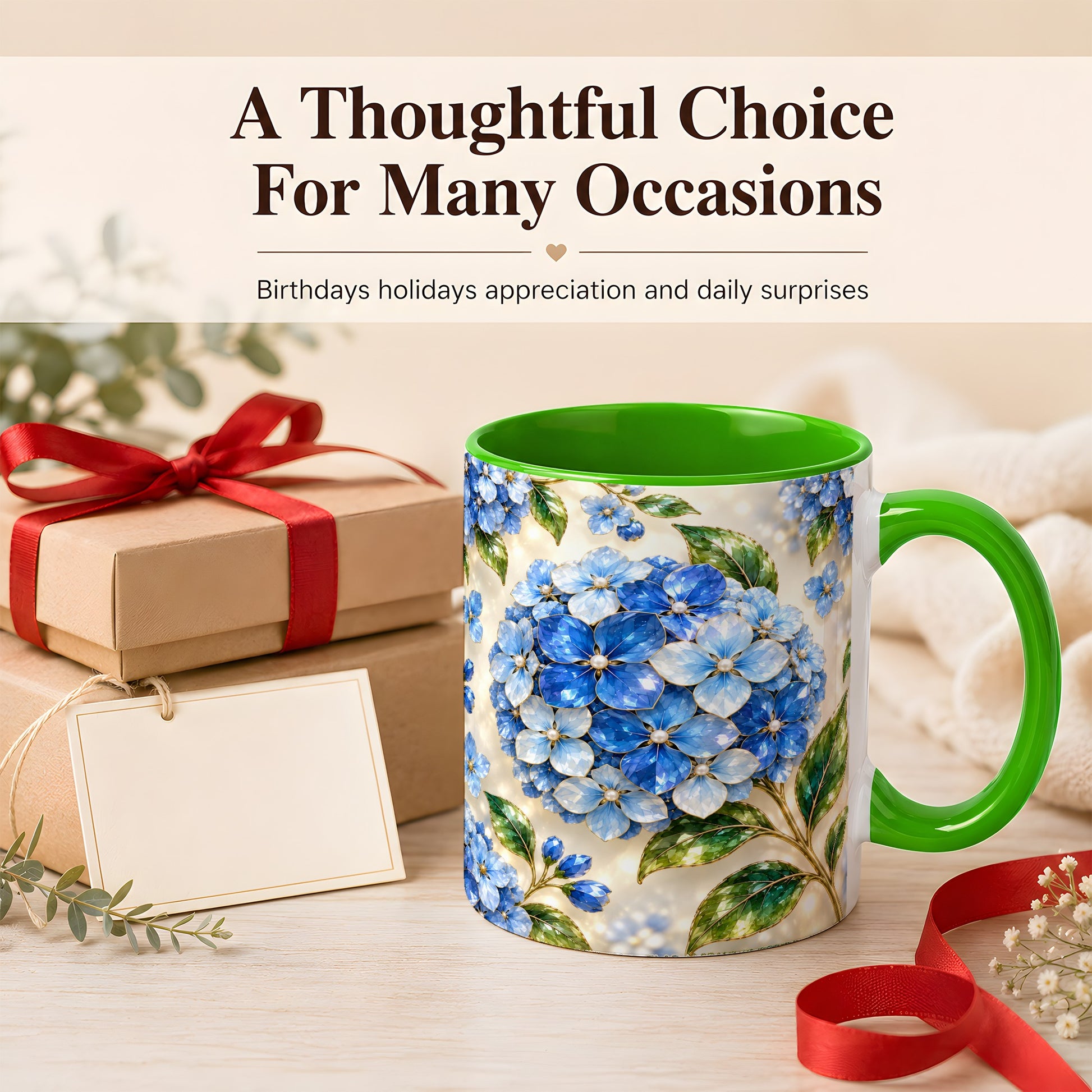 #pl[11oz|Green] Jeweled Blue Hydrangea Coffee Mug, Floral Art Mug, Ceramic Cup