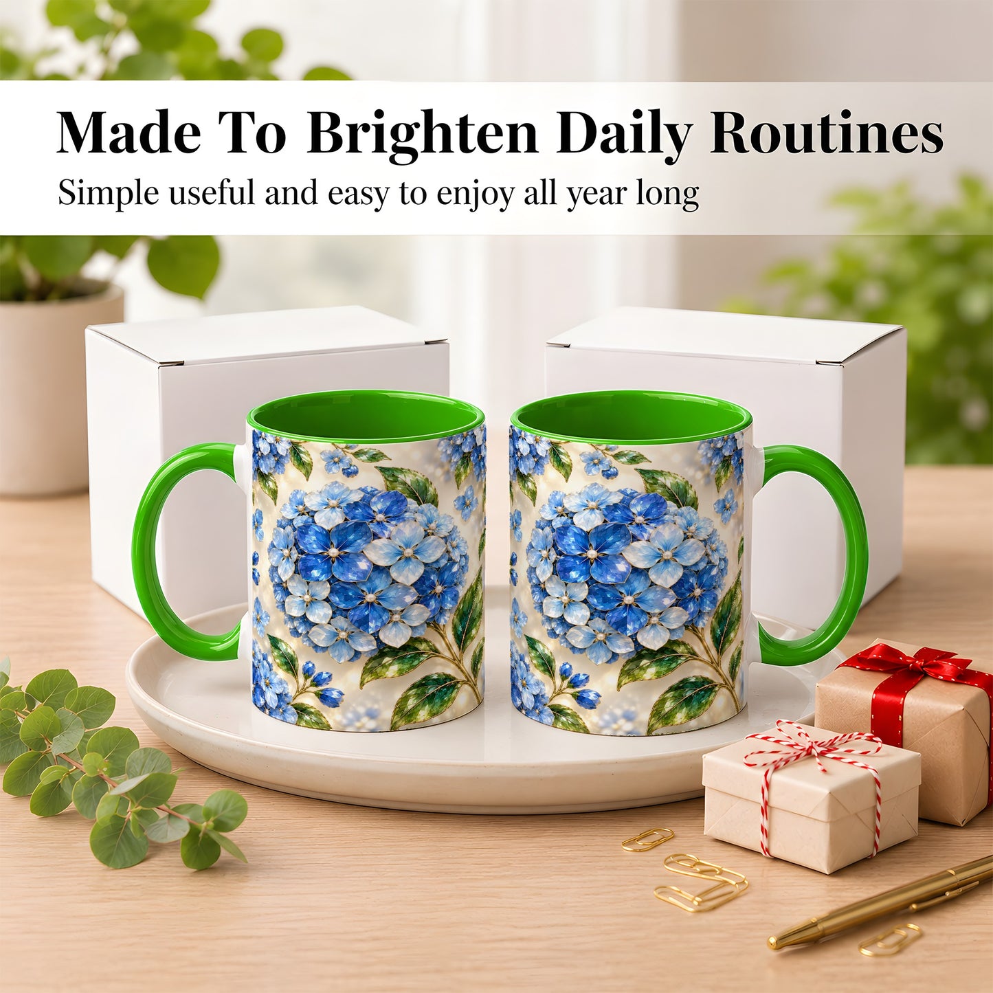 #pl[11oz|Green] Jeweled Blue Hydrangea Coffee Mug, Floral Art Mug, Ceramic Cup