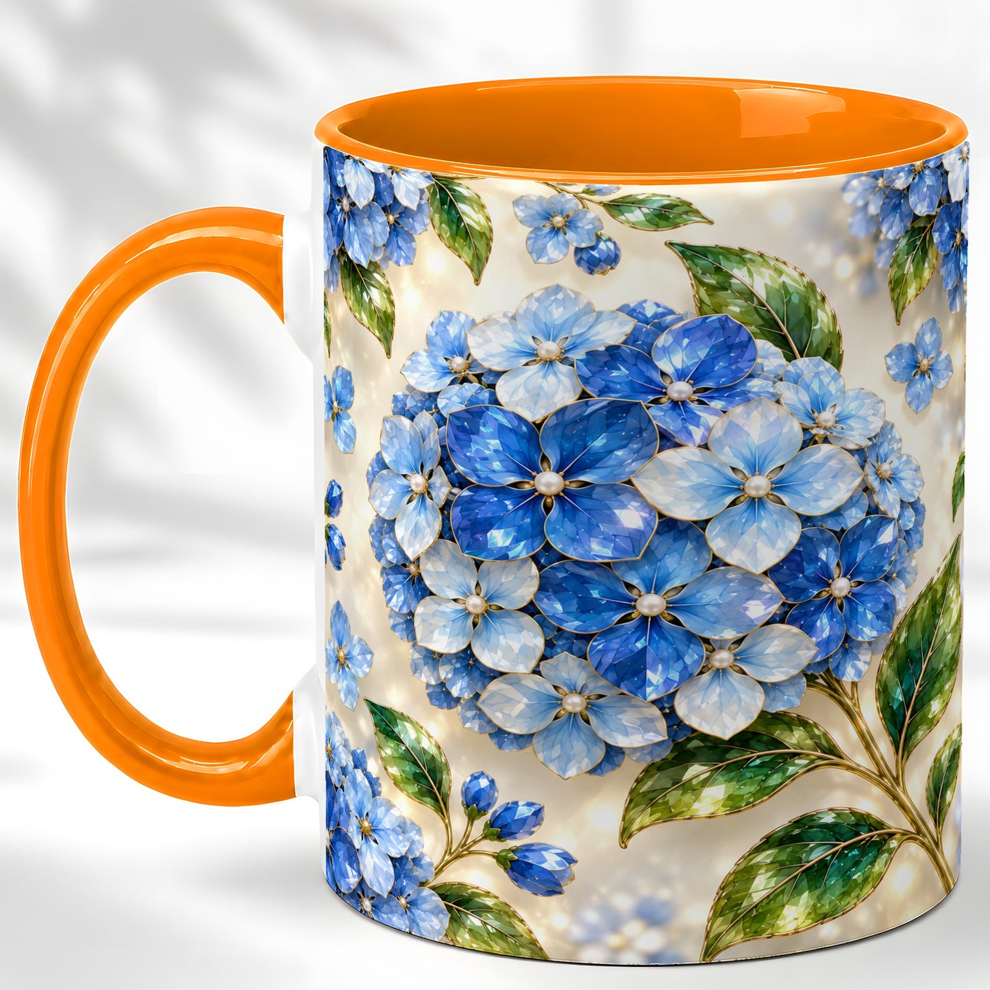 #pl[11oz|Orange] Jeweled Blue Hydrangea Coffee Mug, Floral Art Mug, Ceramic Cup