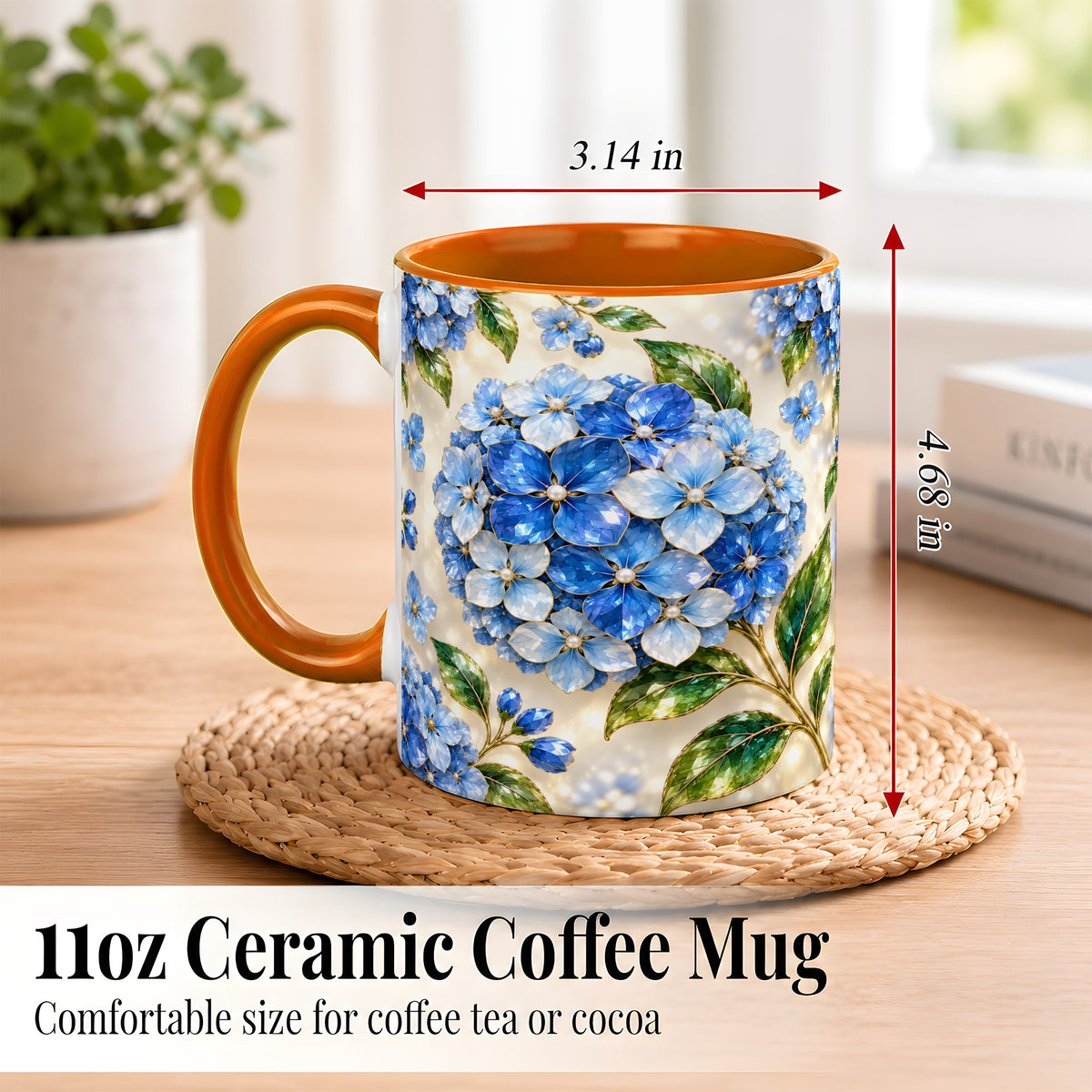 #pl[11oz|Orange] Jeweled Blue Hydrangea Coffee Mug, Floral Art Mug, Ceramic Cup
