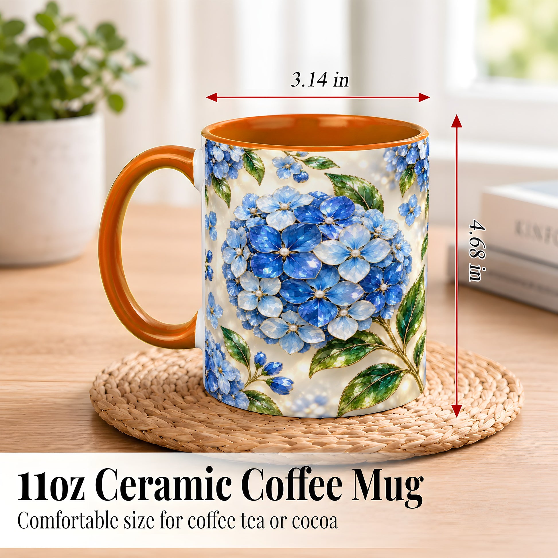 #pl[11oz|Orange] Jeweled Blue Hydrangea Coffee Mug, Floral Art Mug, Ceramic Cup