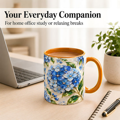 #pl[11oz|Orange] Jeweled Blue Hydrangea Coffee Mug, Floral Art Mug, Ceramic Cup