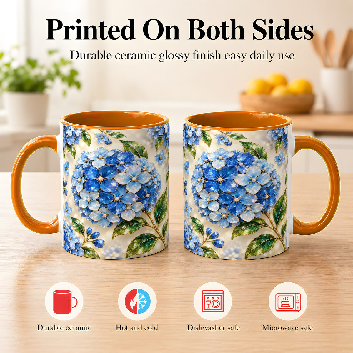 #pl[11oz|Orange] Jeweled Blue Hydrangea Coffee Mug, Floral Art Mug, Ceramic Cup
