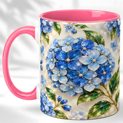 #pl[11oz|Pink] Jeweled Blue Hydrangea Coffee Mug, Floral Art Mug, Ceramic Cup