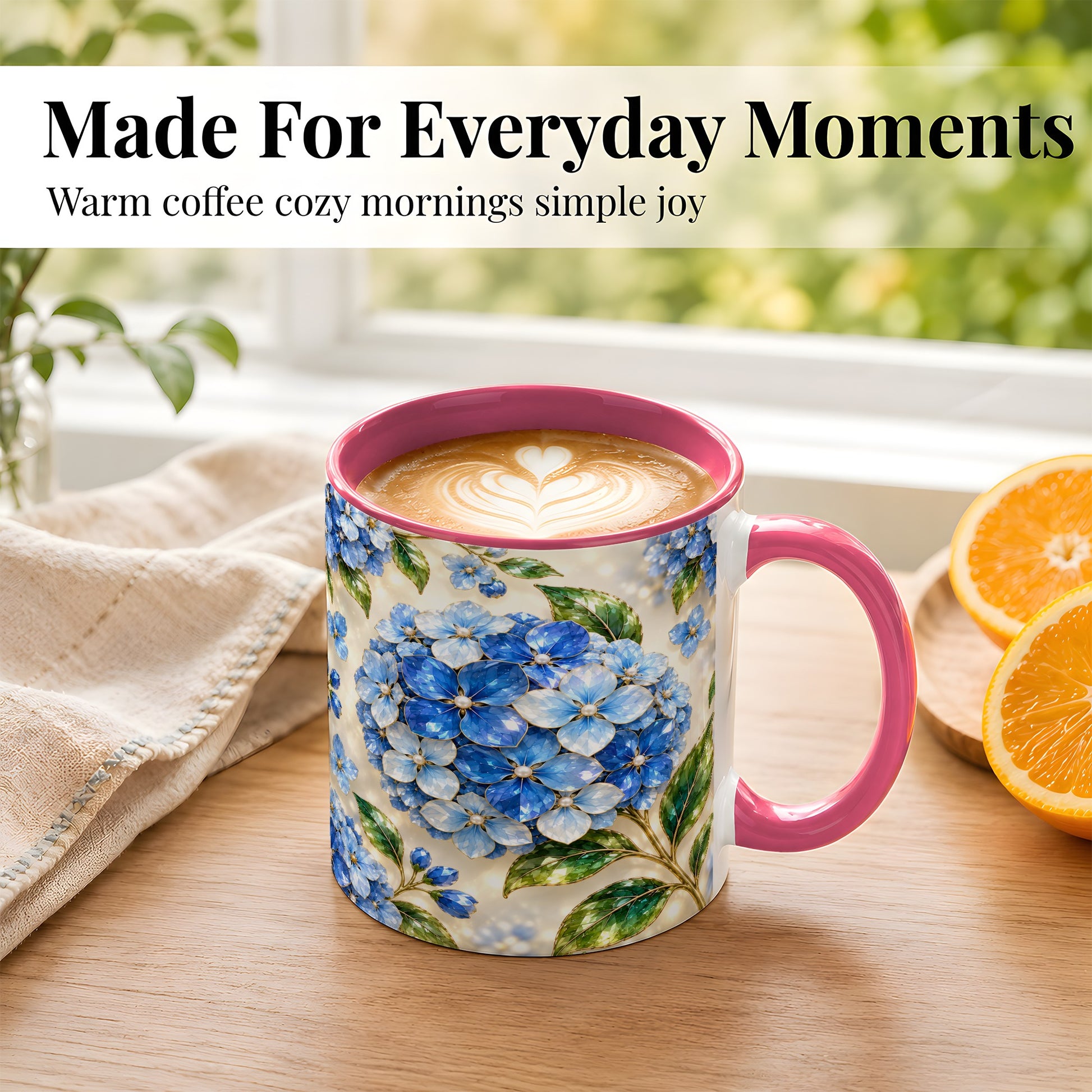 #pl[11oz|Pink] Jeweled Blue Hydrangea Coffee Mug, Floral Art Mug, Ceramic Cup