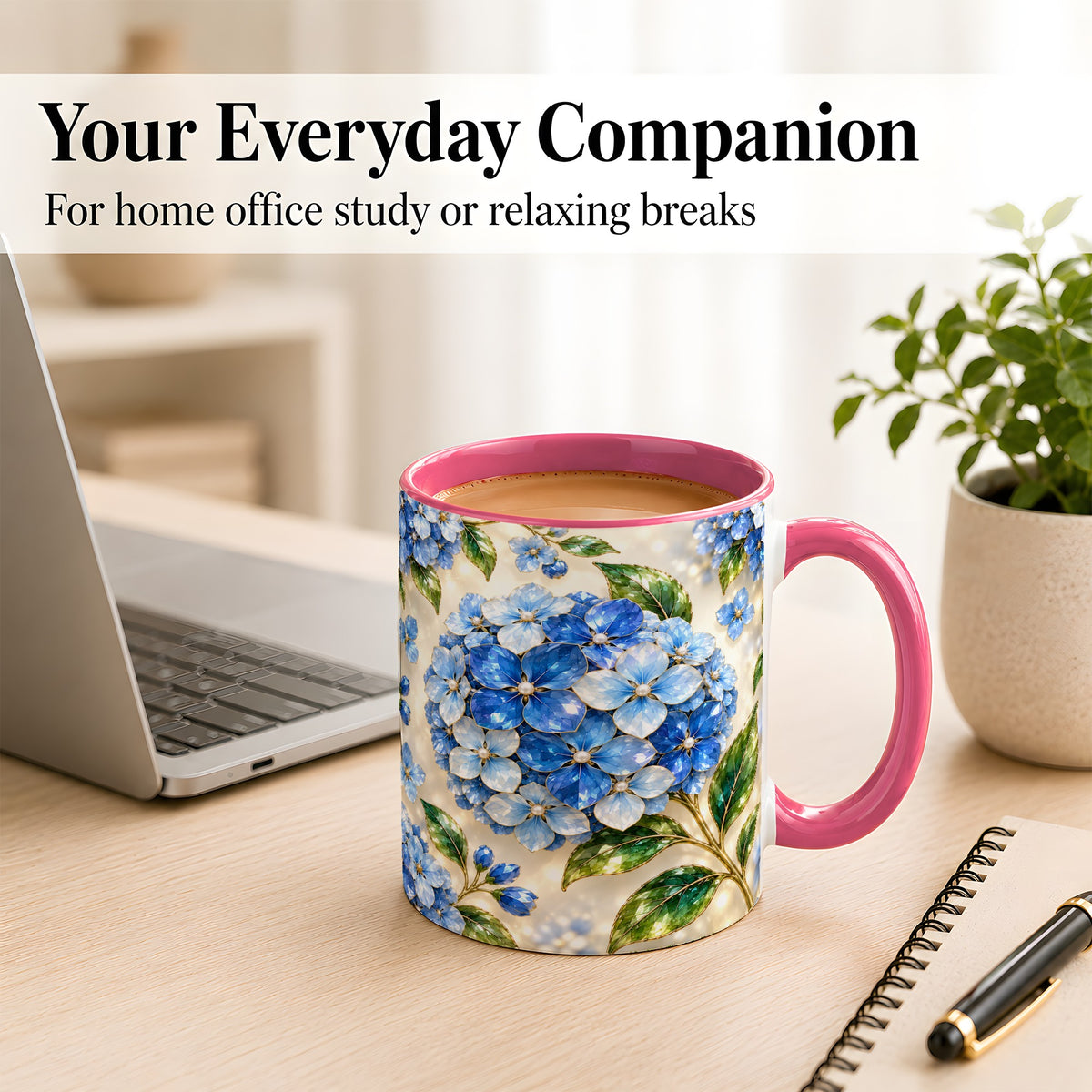 #pl[11oz|Pink] Jeweled Blue Hydrangea Coffee Mug, Floral Art Mug, Ceramic Cup