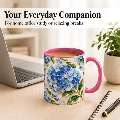 #pl[11oz|Pink] Jeweled Blue Hydrangea Coffee Mug, Floral Art Mug, Ceramic Cup