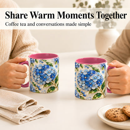 #pl[11oz|Pink] Jeweled Blue Hydrangea Coffee Mug, Floral Art Mug, Ceramic Cup
