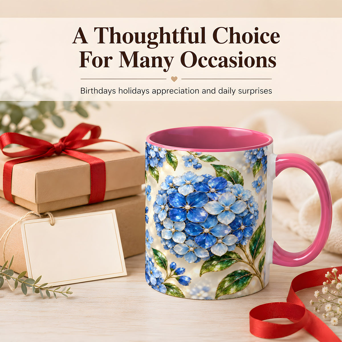 #pl[11oz|Pink] Jeweled Blue Hydrangea Coffee Mug, Floral Art Mug, Ceramic Cup