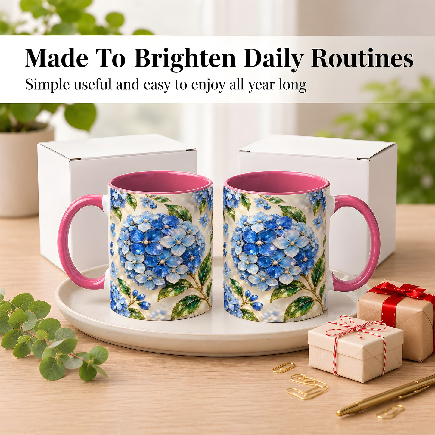 #pl[11oz|Pink] Jeweled Blue Hydrangea Coffee Mug, Floral Art Mug, Ceramic Cup
