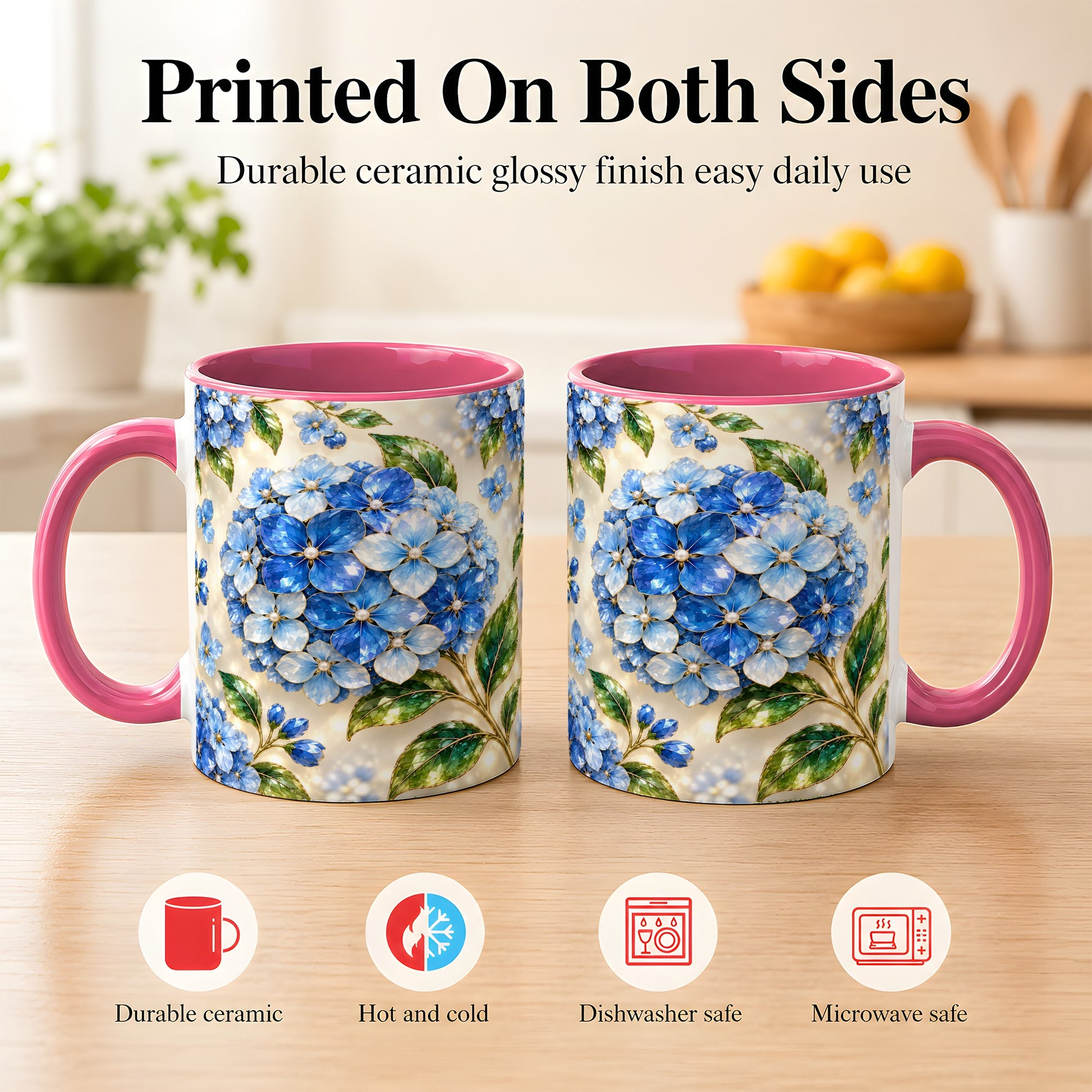 #pl[11oz|Pink] Jeweled Blue Hydrangea Coffee Mug, Floral Art Mug, Ceramic Cup