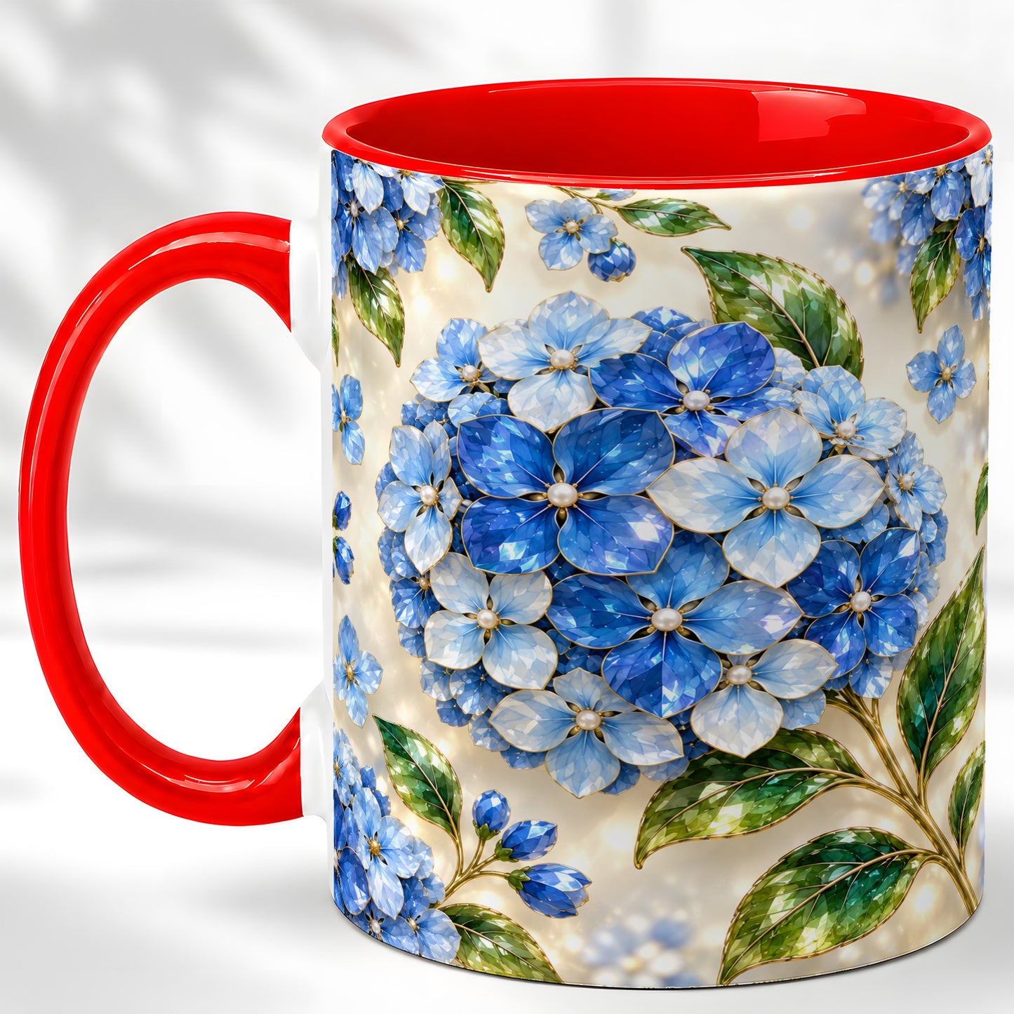 Jeweled Blue Hydrangea Coffee Mug, Floral Art Mug, Ceramic Cup