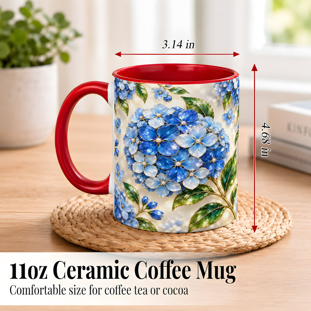 #pl[11oz|Red] Jeweled Blue Hydrangea Coffee Mug, Floral Art Mug, Ceramic Cup