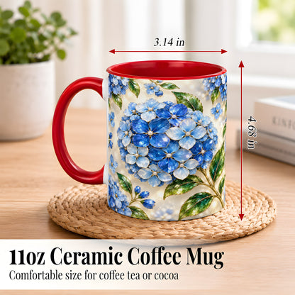 #pl[11oz|Red] Jeweled Blue Hydrangea Coffee Mug, Floral Art Mug, Ceramic Cup