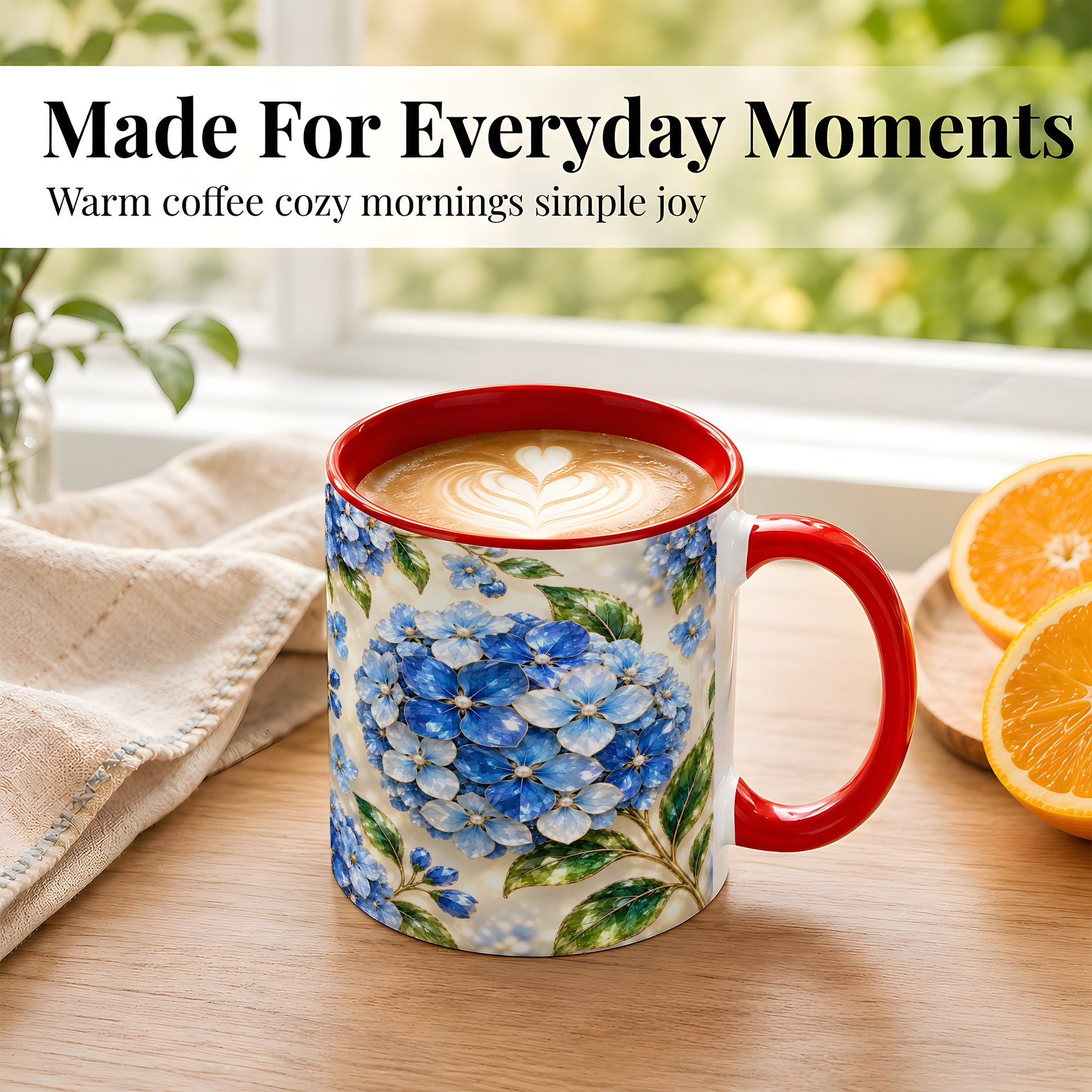 #pl[11oz|Red] Jeweled Blue Hydrangea Coffee Mug, Floral Art Mug, Ceramic Cup