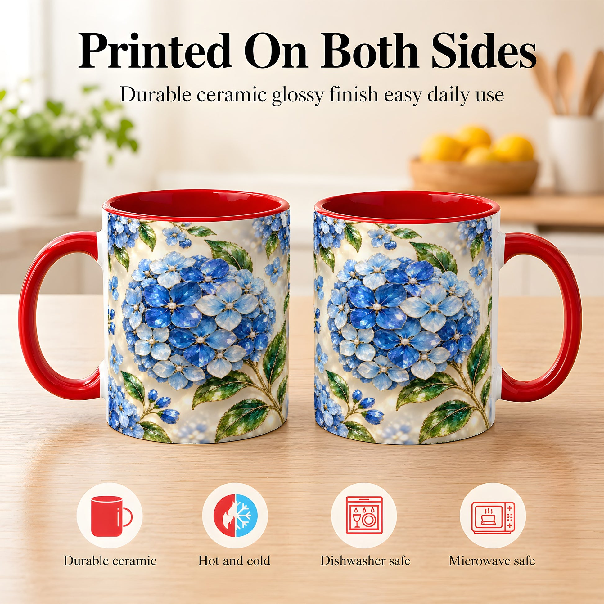 #pl[11oz|Red] Jeweled Blue Hydrangea Coffee Mug, Floral Art Mug, Ceramic Cup